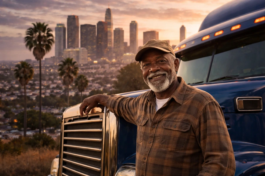 Smiling senior truck driver leaning on a blue semi truck with a city skyline at sunset.
